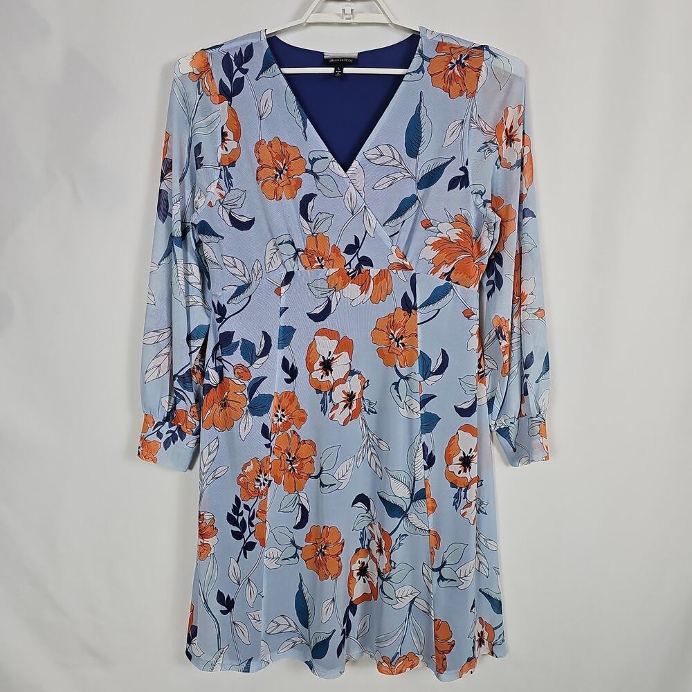 Allison Brittney Dress Large Blue Orange Floral Faux Wrap V-Neck Casual